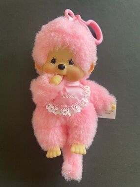 Monchhichi Pink Plush Keychain Doll Sekiguchi Japan Clip Charm